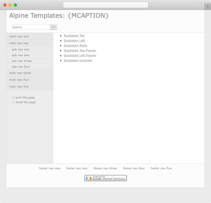 Screenshot of the Alpine Quickstart template with left navigation