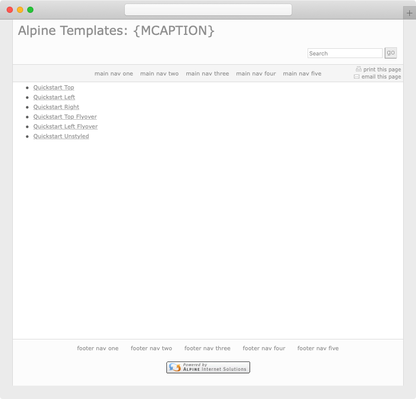 Screenshot of the Alpine Quickstart template with top navigation
