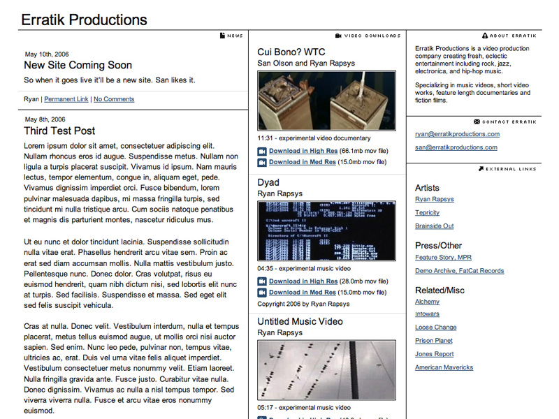 Screenshot of the redesigned Erratik Productions website