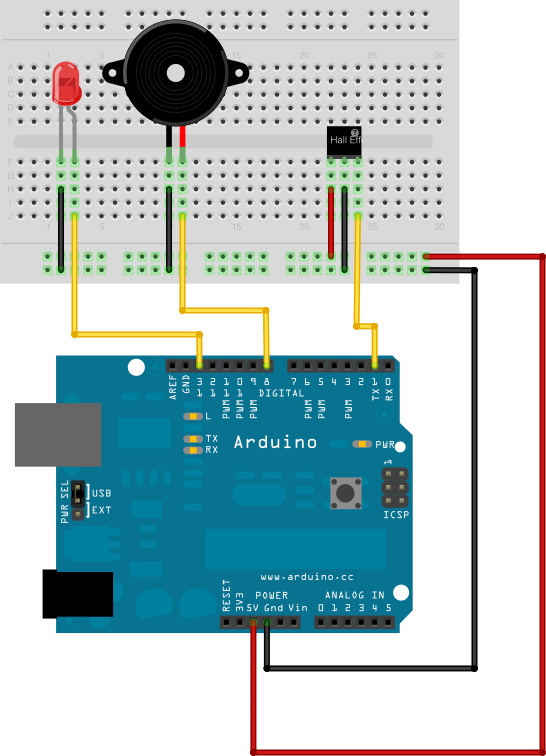 The Arduino Fridge Alarm schematic, from Fritzing.