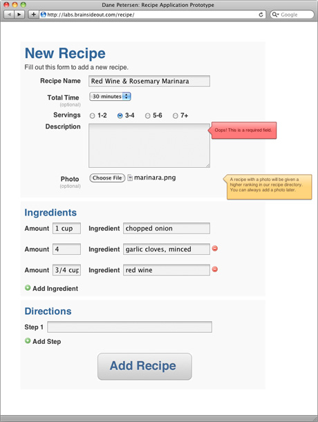 Screenshot of high-fidelity recipe web form prototype